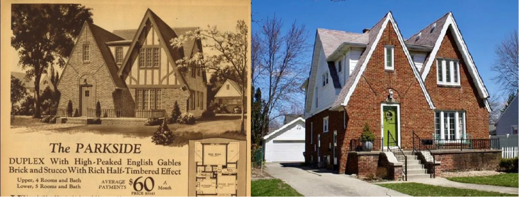 Side by side images: on the left, a scanned vintage catalog page showing the "parkside" model duplex home; on the right a current photograph of a home built from this catalog model.